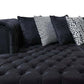 Black Velvet U Shaped Three Piece Sofa and Chaise Sectional With Toss Pillows close-up view showing tufted design and decorative cushions.