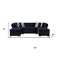 Black Velvet U Shaped Three Piece Sofa and Chaise Sectional With Toss Pillows dimensions 136" x 69" x 32"