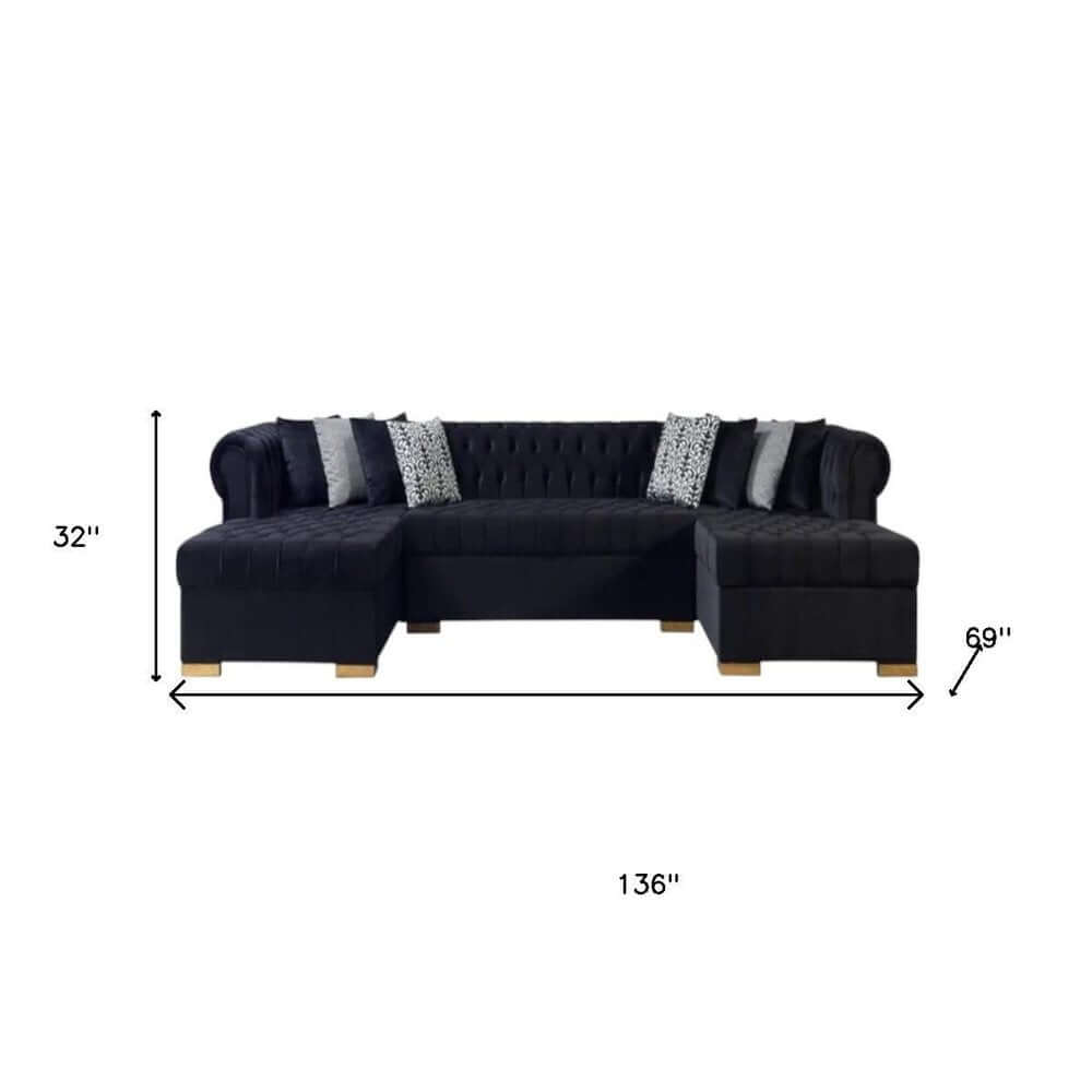 Black Velvet U Shaped Three Piece Sofa and Chaise Sectional With Toss Pillows dimensions 136" x 69" x 32"