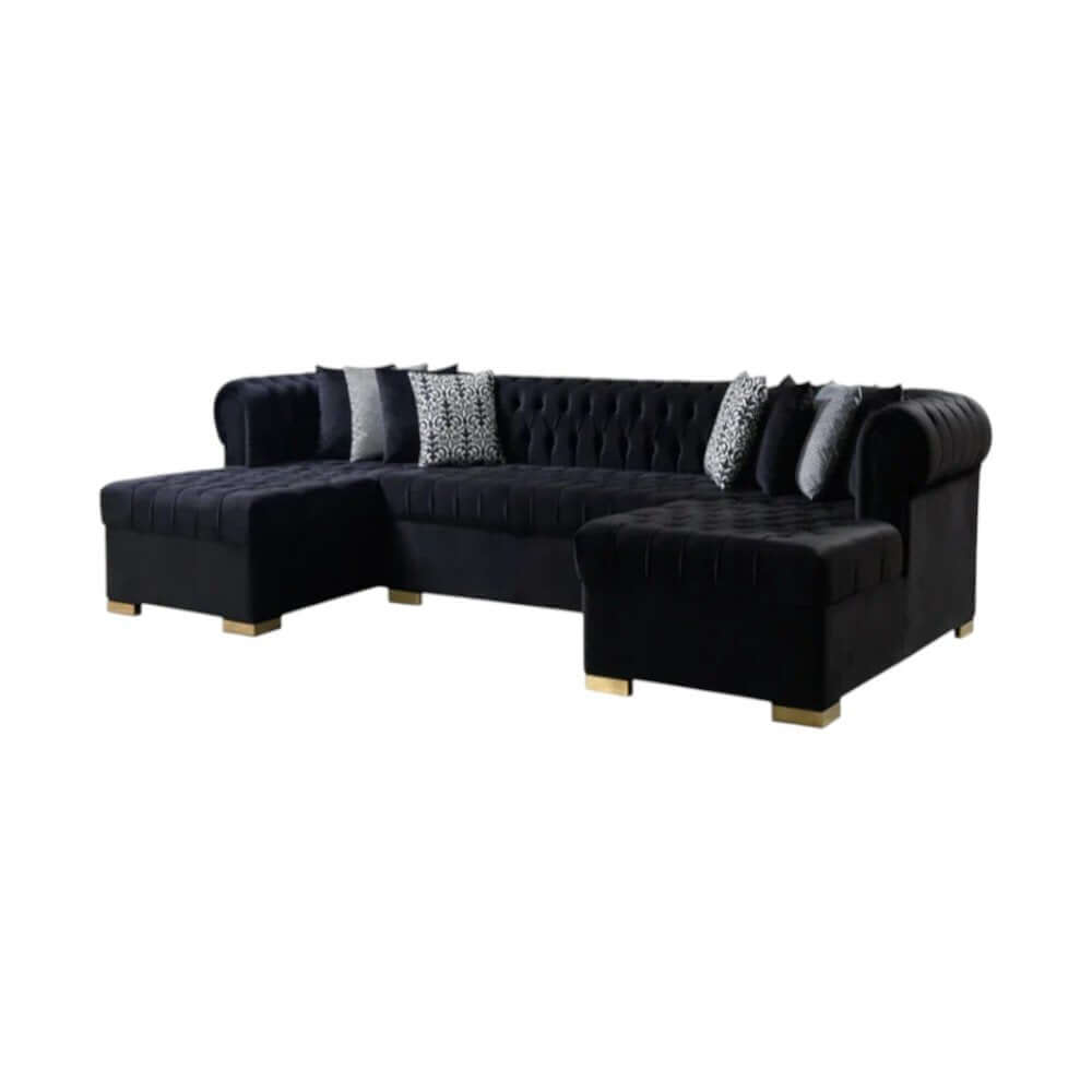 Black Velvet U Shaped Three Piece Sofa and Chaise Sectional With Toss Pillows in modern living room setting
