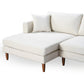 The Ashcroft Furniture Blake Velvet Upholstered L-Shape Chaise Sofa Sectional 107 features plush velvet upholstery, wooden legs, a left-facing chaise lounge, and comes with a matching white cushion for added comfort.