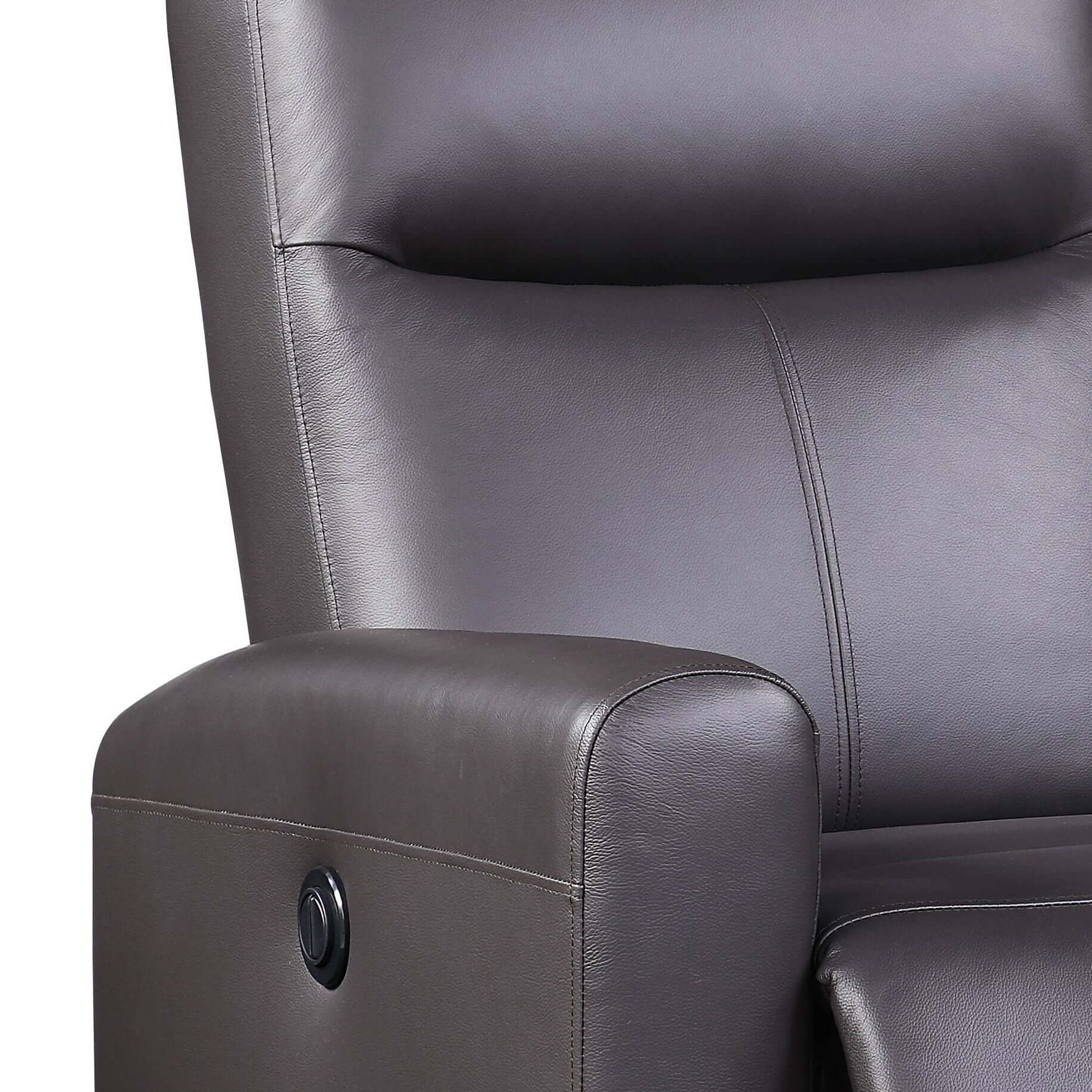 Blane Top-Grain Leather Power Recliner – Brown Modern Electric Reclining Chair close-up showing leather upholstery and recline button.