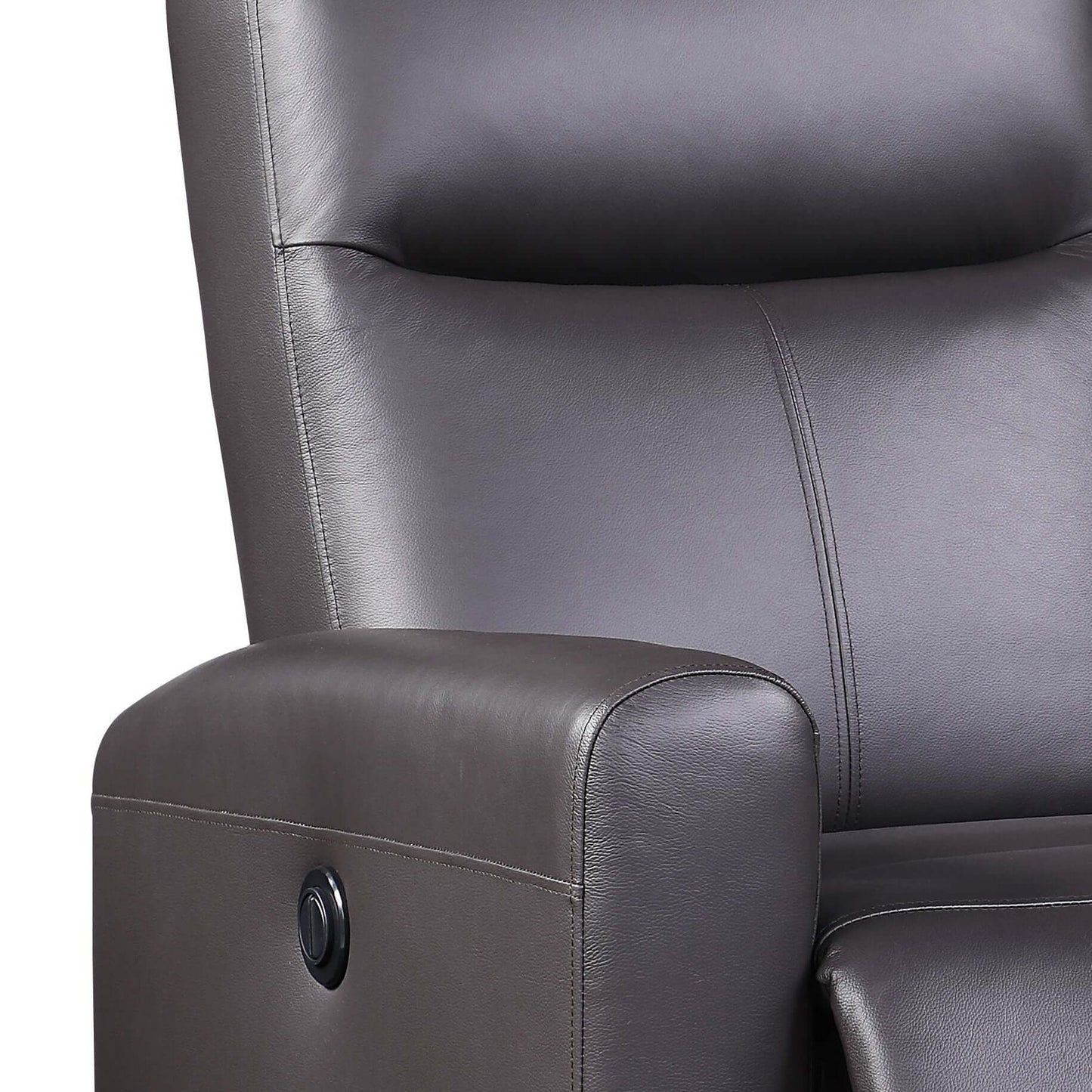 Blane Top-Grain Leather Power Recliner – Brown Modern Electric Reclining Chair close-up showing leather upholstery and recline button.