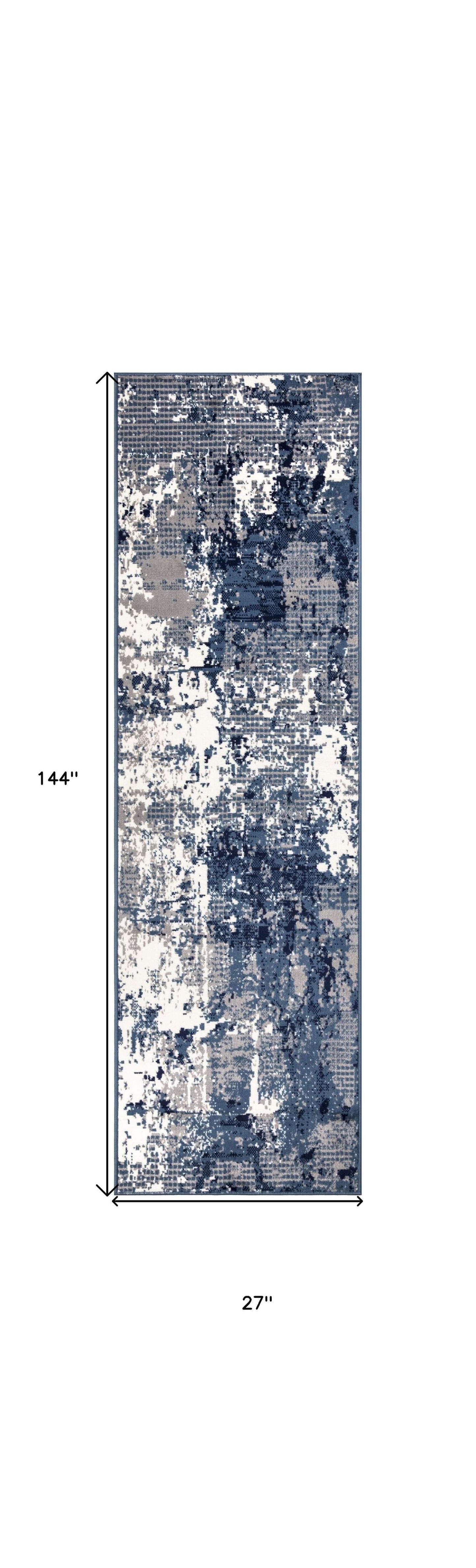 Blue abstract power loom runner rug measuring 144x27 inches, featuring modern design and easy maintenance.