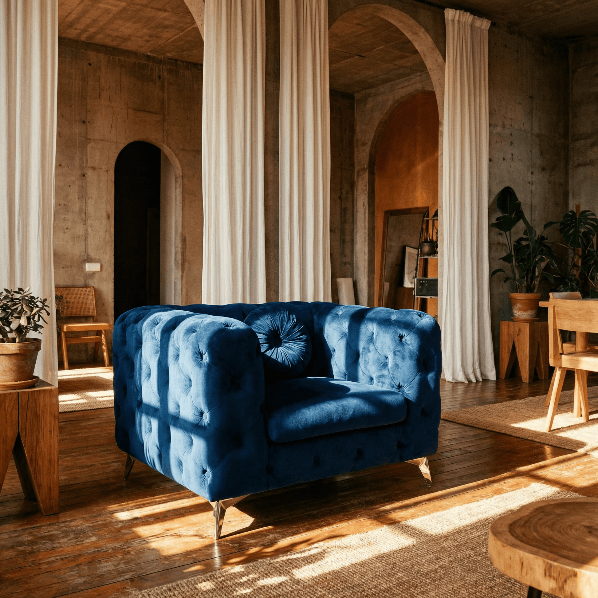 Blue Luxe Deco Tufted Velvet Armchair 41"W in a stylish interior setting with natural light and modern decor.
