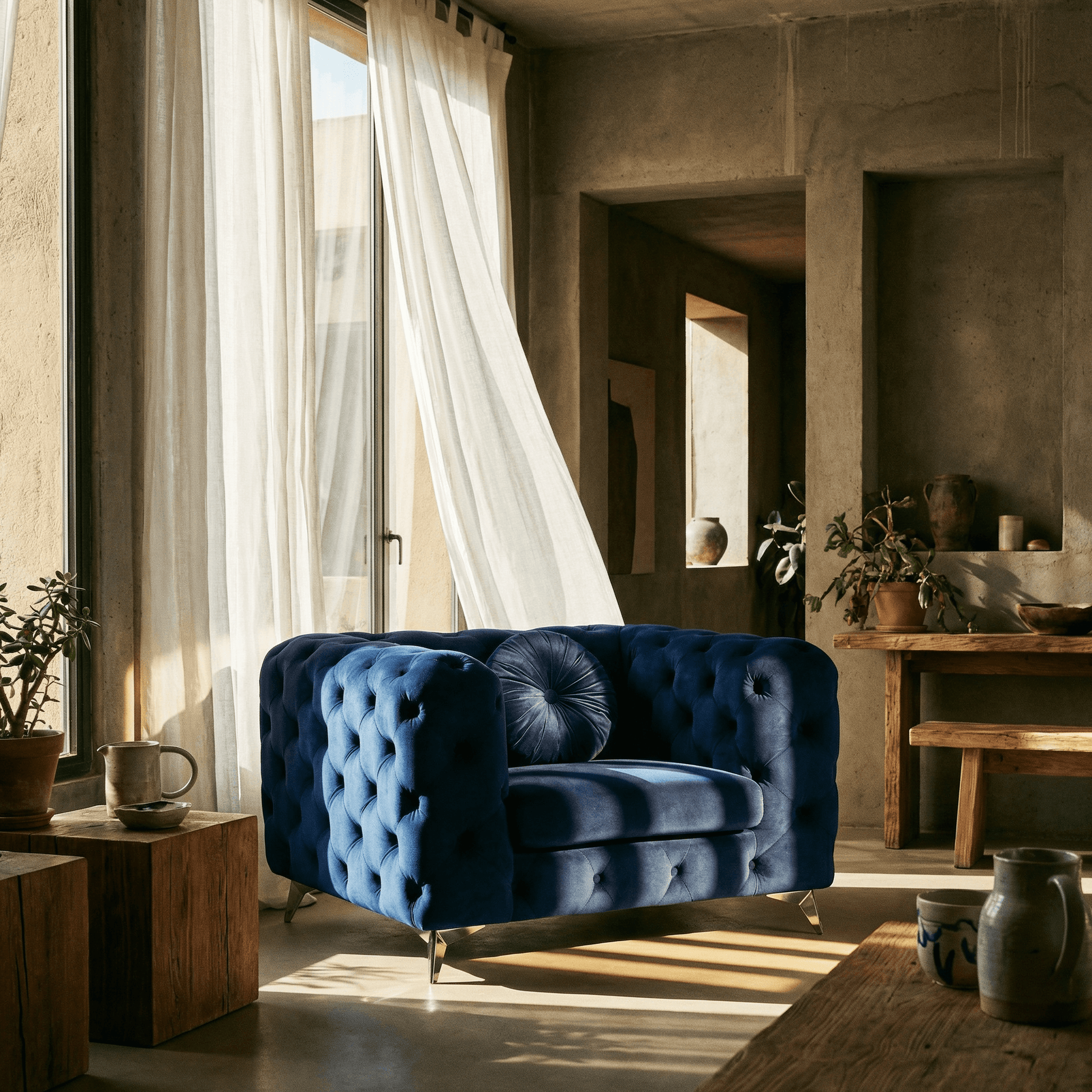 Blue Luxe Deco Tufted Velvet Armchair 41"W in a stylish, modern living room setting with natural light.