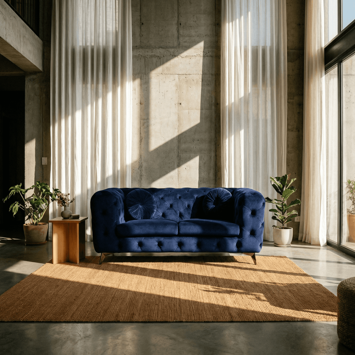 Blue Luxe Deco Velvet Sofa Loveseat 72" in a stylish living room with natural light and plants.