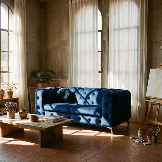 Blue Luxe Deco Velvet Sofa Loveseat 72" in a chic, stylish living room setting with natural light.
