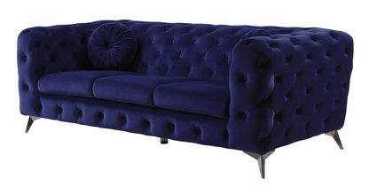 Atronia Luxe Deco Blue Velvet Sofa 90"L in rich sapphire-blue with button tufting and high-shelter arms.