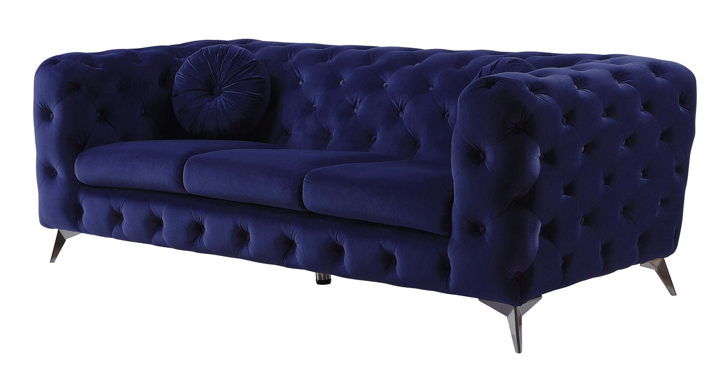 Atronia Luxe Deco Blue Velvet Sofa 90"L in rich sapphire-blue with button tufting and high-shelter arms.