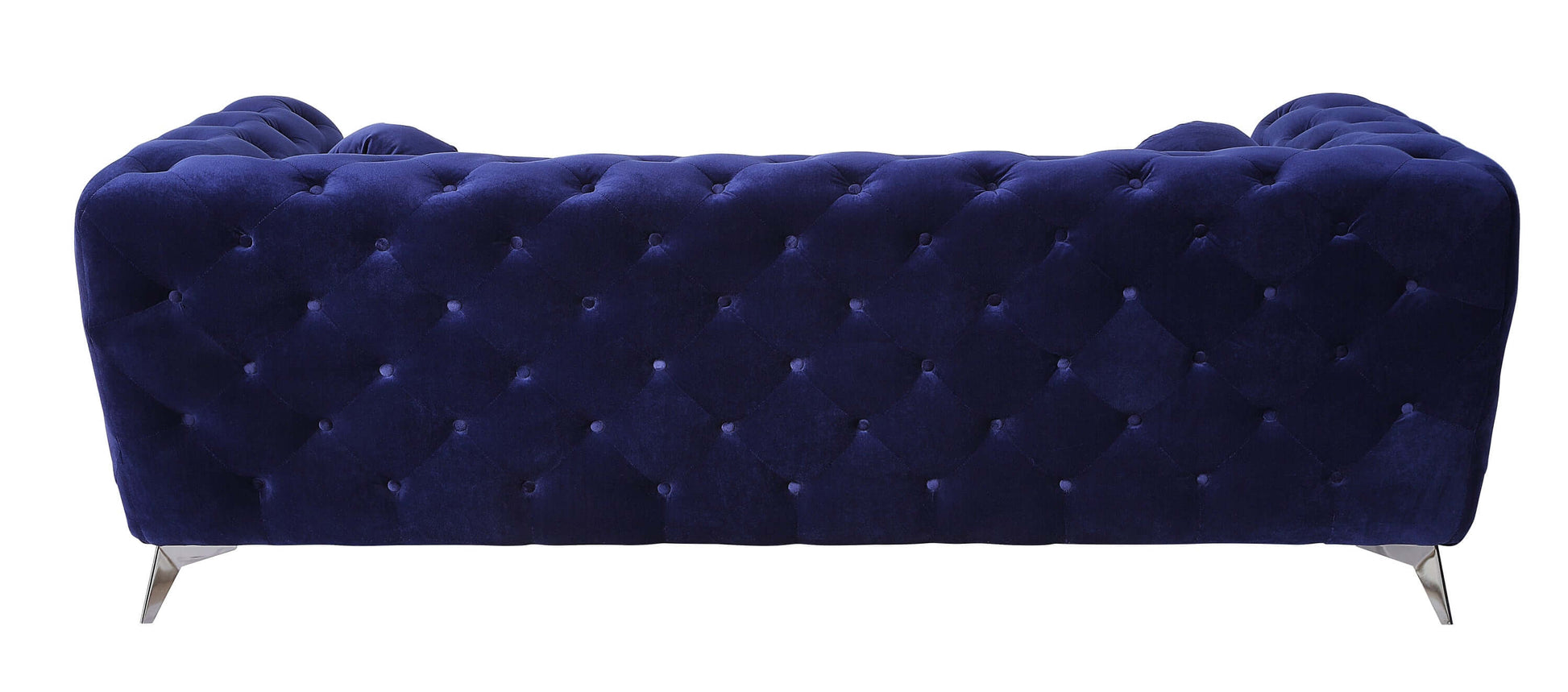 Atronia Luxe Deco Blue Velvet Sofa 90" back view showcasing rich blue velvet and tufted detailing.