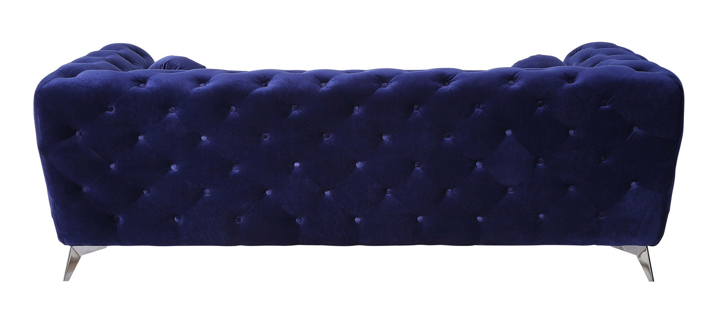 Atronia Luxe Deco Blue Velvet Sofa 90" back view showcasing rich blue velvet and tufted detailing.