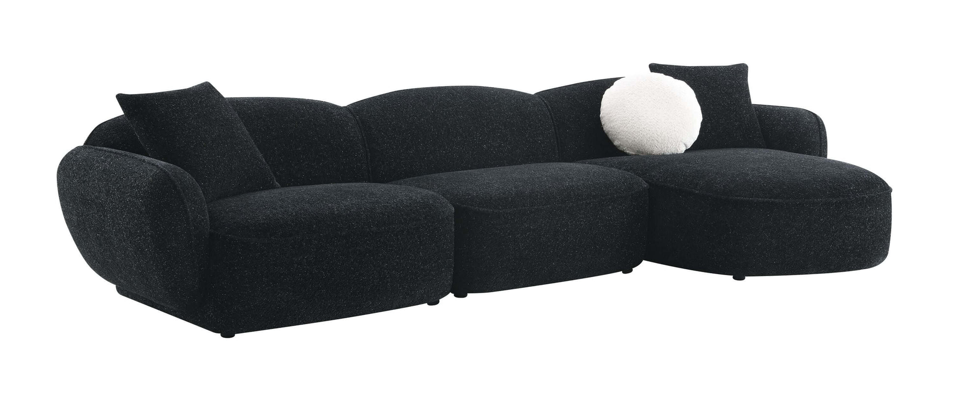 Lucifer Black & White Sectional Sofa – 127” Shimmer Fabric L-Shape Couch with 3 Pillows in sleek black design.