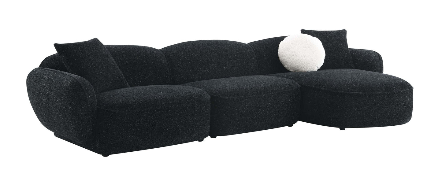 Lucifer Black & White Sectional Sofa – 127” Shimmer Fabric L-Shape Couch with 3 Pillows in sleek black design.