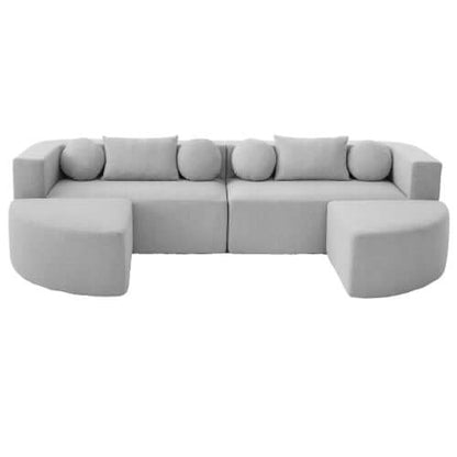 Boneless Boucle Modular Sectional Sofa 115” – Deep Seat Curved U-Shaped Foam Couch for 6 in light gray upholstery.