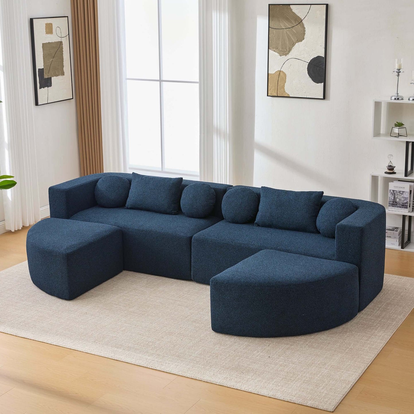 Boneless Boucle Modular Sectional Sofa 115” – Deep Seat Curved U-Shaped Foam Couch for 6 in a stylish living room setting.