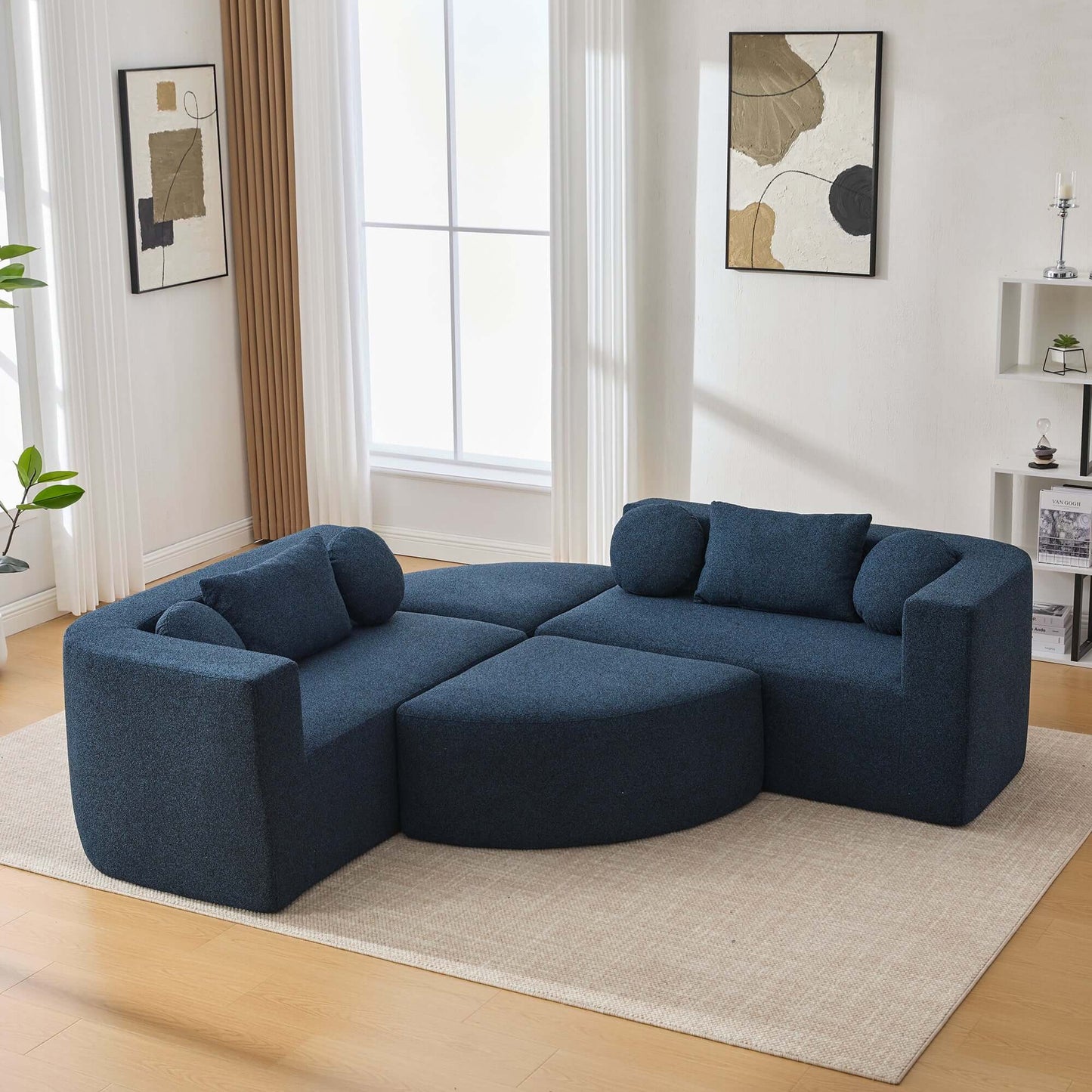 Boneless Boucle Modular Sectional Sofa 115” – Deep Seat Curved U-Shaped Foam Couch for 6 in a modern living room.