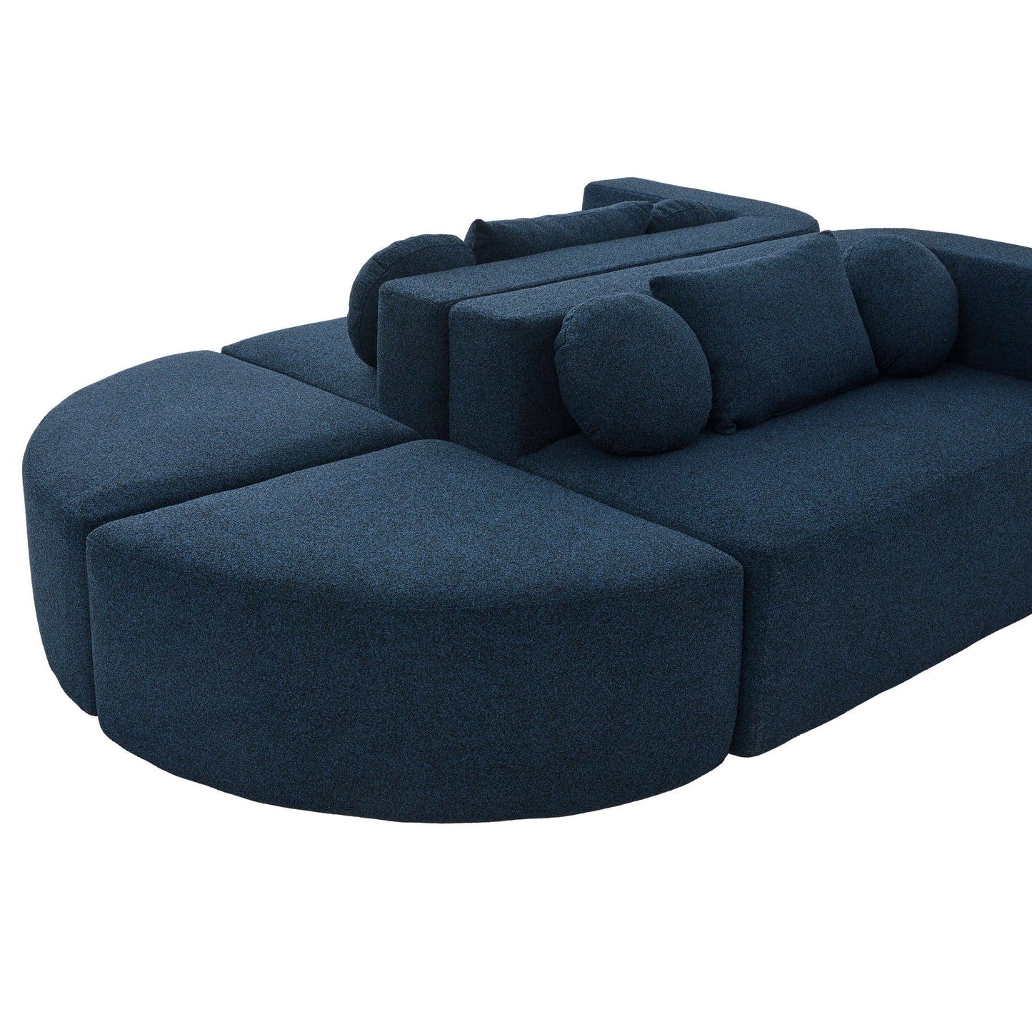 Boneless Boucle Modular Sectional Sofa 115” – Deep Seat Curved U-Shaped Foam Couch for 6 in dark blue upholstery.