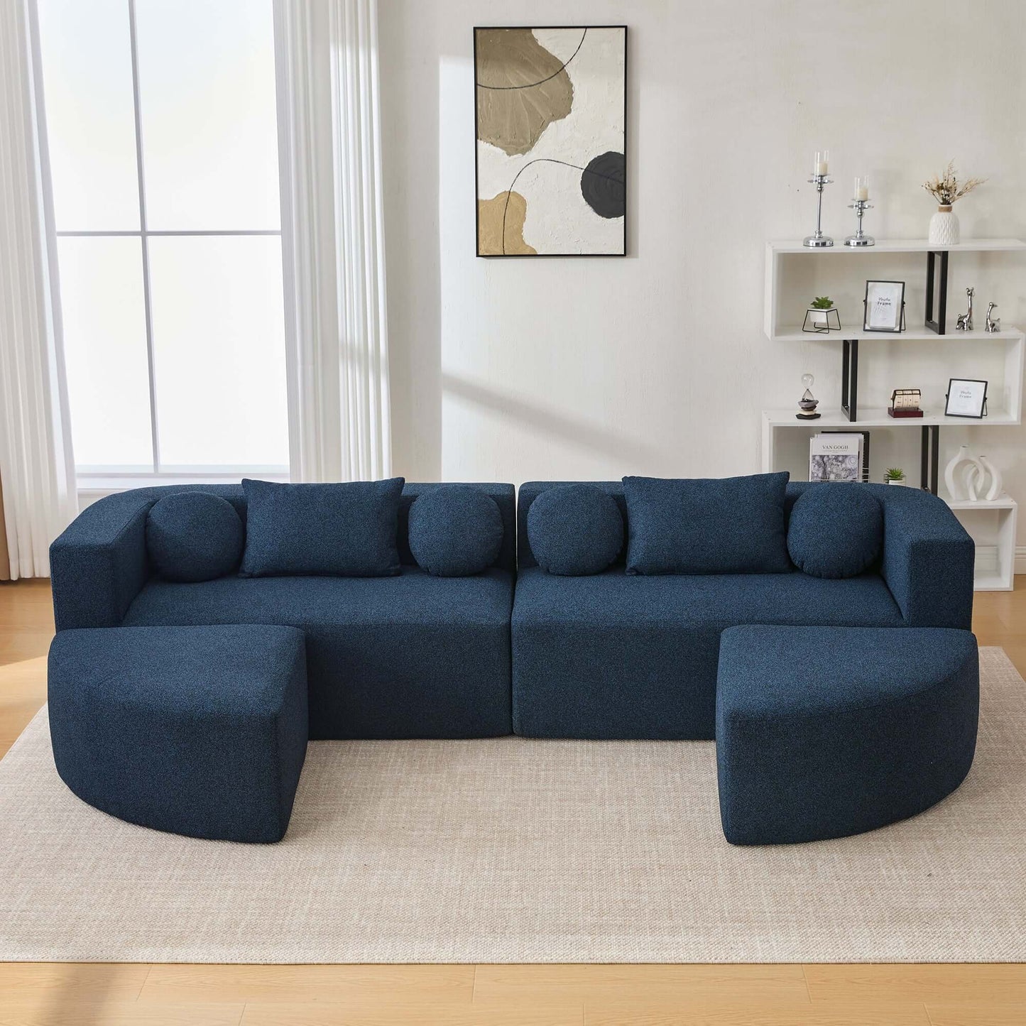 Boneless Boucle Modular Sectional Sofa 115” – Deep Seat Curved U-Shaped Foam Couch for 6 in a modern living room.
