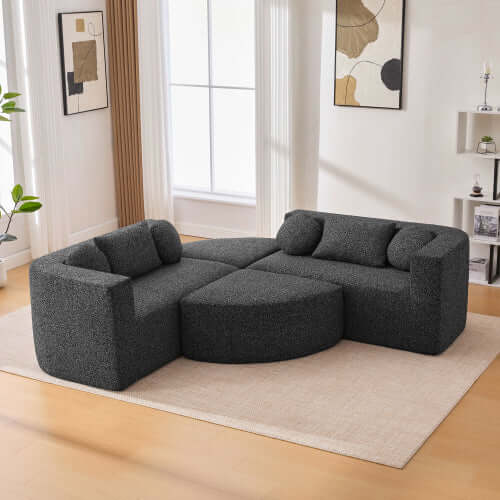 Boneless Boucle Modular Sectional Sofa 115” – Deep Seat Curved U-Shaped Foam Couch for 6 in a modern living room setting.