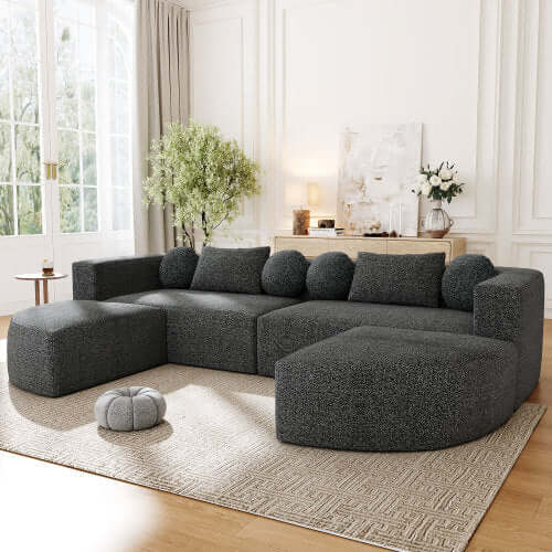Boneless Boucle Modular Sectional Sofa 115” – Deep Seat Curved U-Shaped Foam Couch for 6 in stylish living room setting.