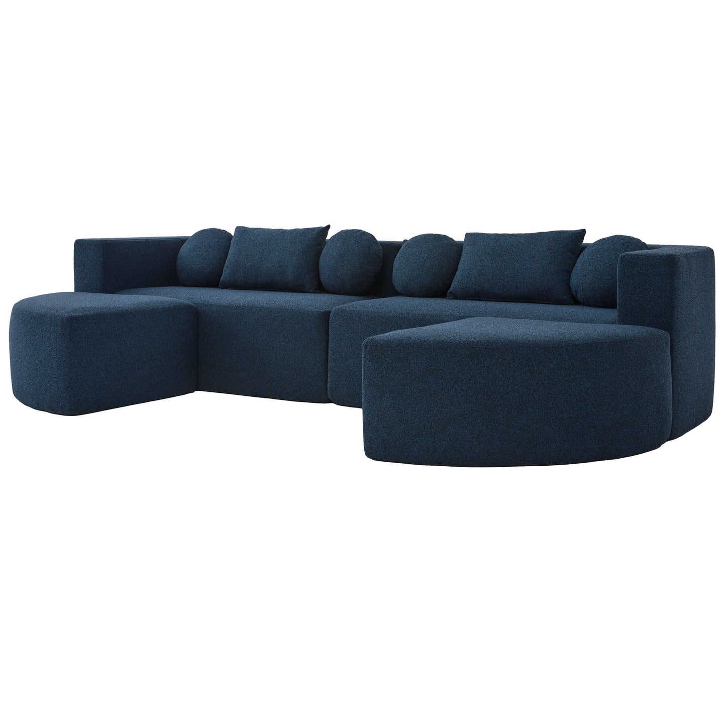 Boneless Boucle Modular Sectional Sofa 115” – Deep Seat Curved U-Shaped Foam Couch for 6 in modern dark blue upholstery.