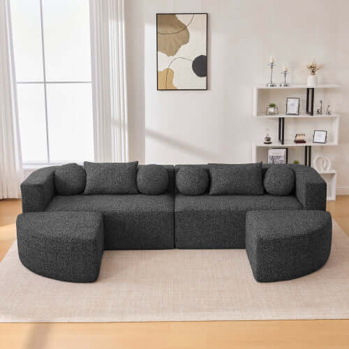 Boneless Boucle Modular Sectional Sofa 115” – Deep Seat Curved U-Shaped Foam Couch for 6 in modern living room.