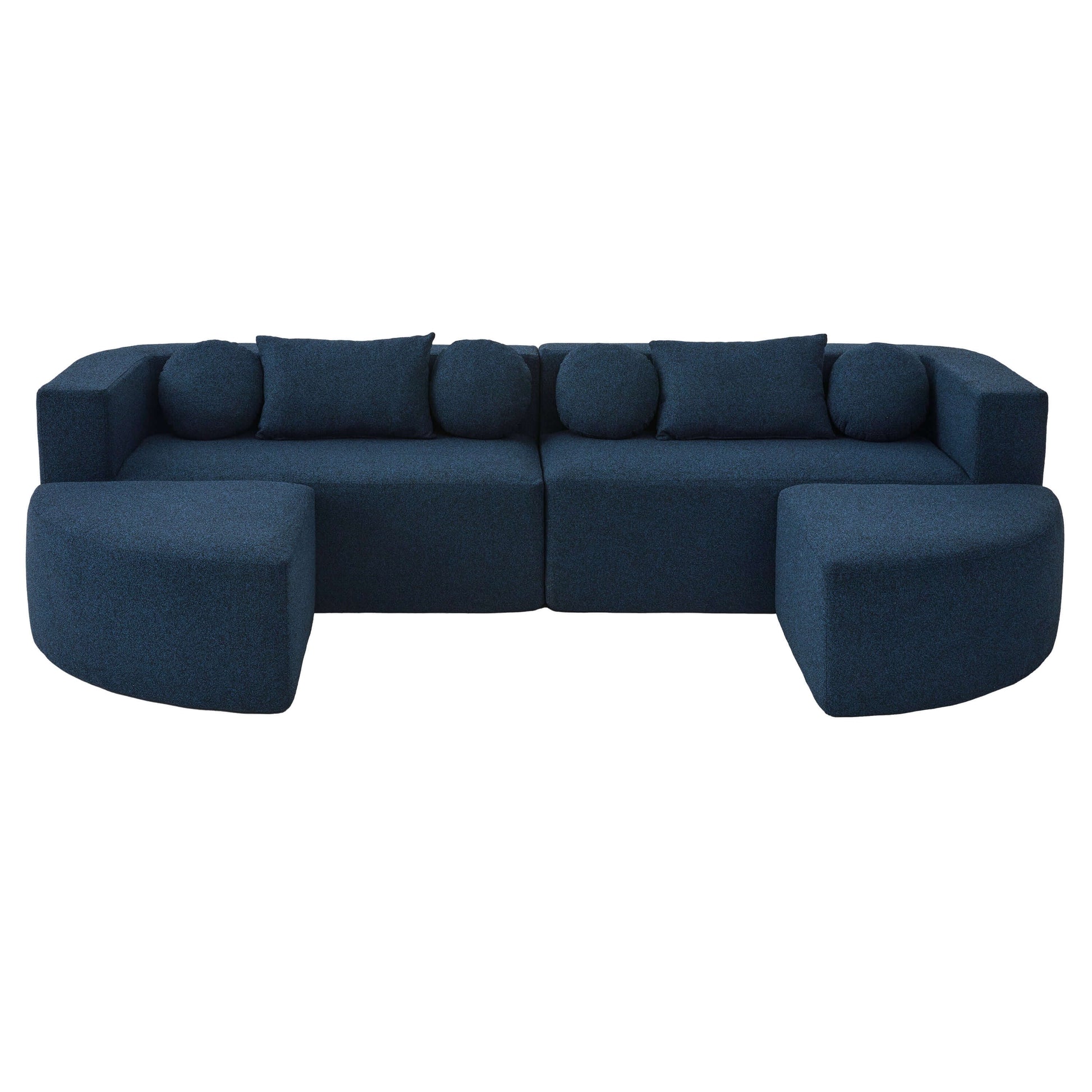 Boneless Boucle Modular Sectional Sofa 115” – Deep Seat Curved U-Shaped Foam Couch for 6 in blue upholstery.