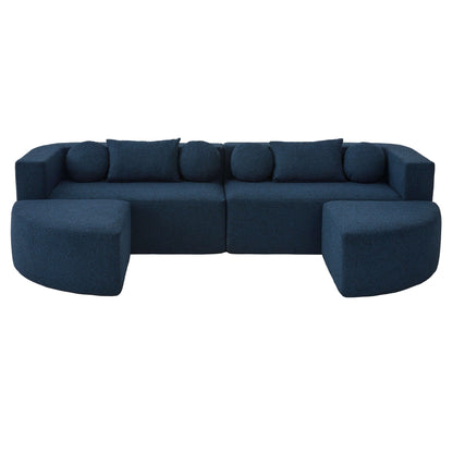 Boneless Boucle Modular Sectional Sofa 115” – Deep Seat Curved U-Shaped Foam Couch for 6 in blue upholstery.