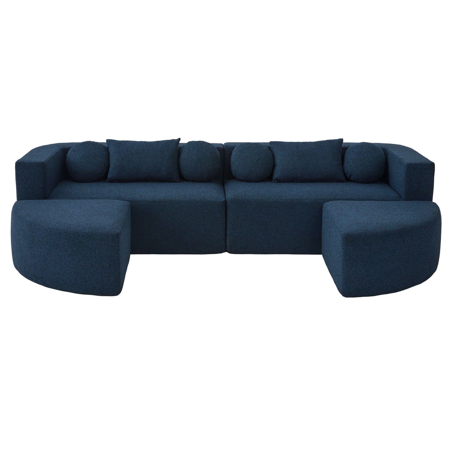 Boneless Boucle Modular Sectional Sofa 115” – Deep Seat Curved U-Shaped Foam Couch for 6 in blue upholstery.