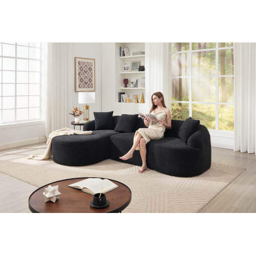 Boneless Modular Chenille Sectional Sofa – 99” Curved Chaise Compression Couch (White) in a modern living room setting.