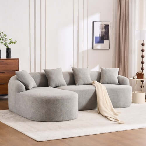 Boneless Modular Chenille Sectional Sofa – 99” Curved Chaise Compression Couch (White) in a modern living room setting.
