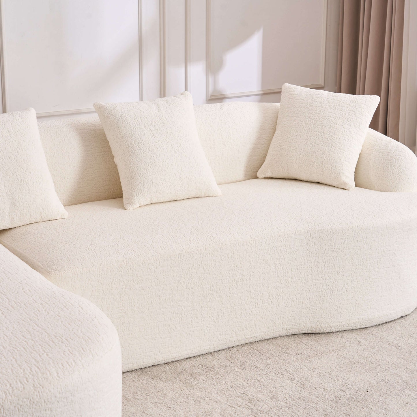 Boneless Modular Chenille Sectional Sofa – 99” Curved Chaise Compression Couch (White) with soft chenille fabric and plush pillows.