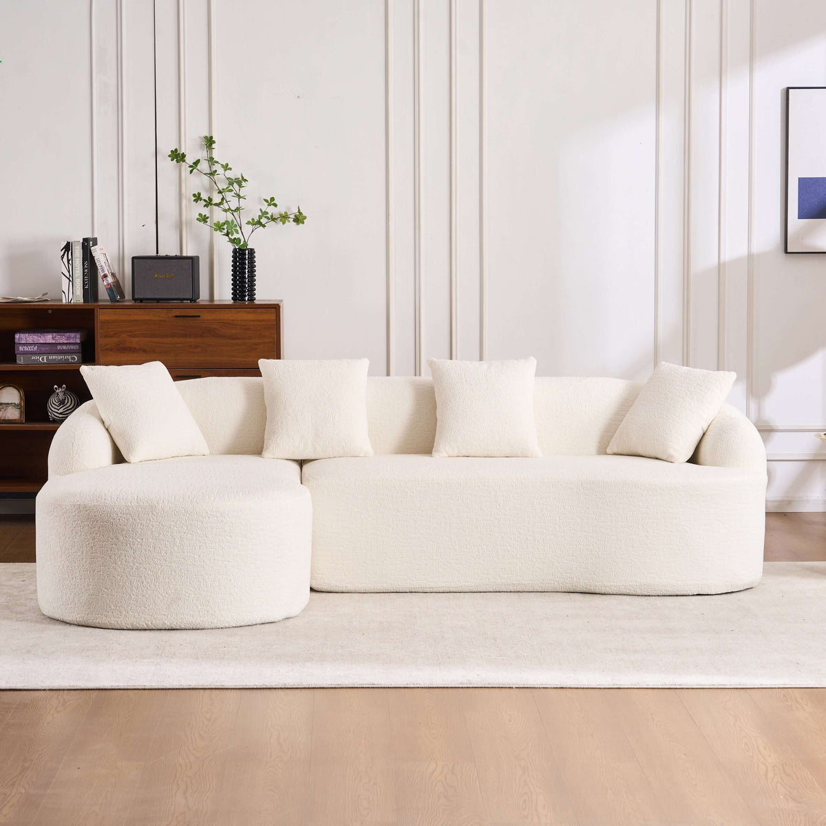 Boneless Modular Chenille Sectional Sofa – 99” Curved Chaise Compression Couch (White) in a modern living room setting.