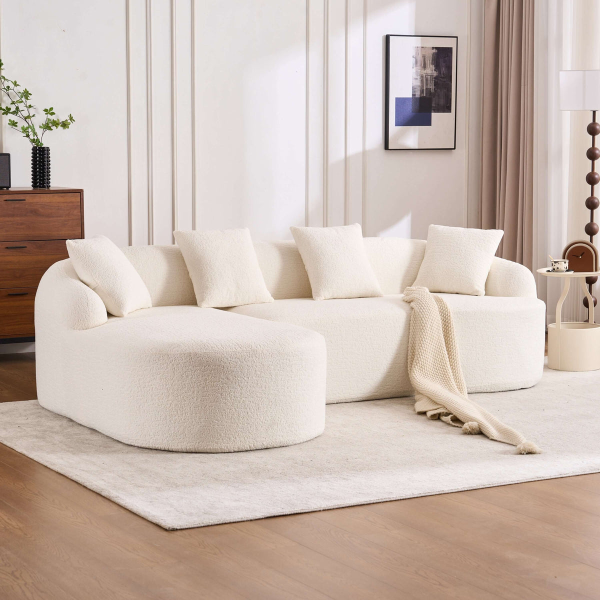 Boneless Modular Chenille Sectional Sofa – 99” Curved Chaise Compression Couch (White) in modern living room setting.