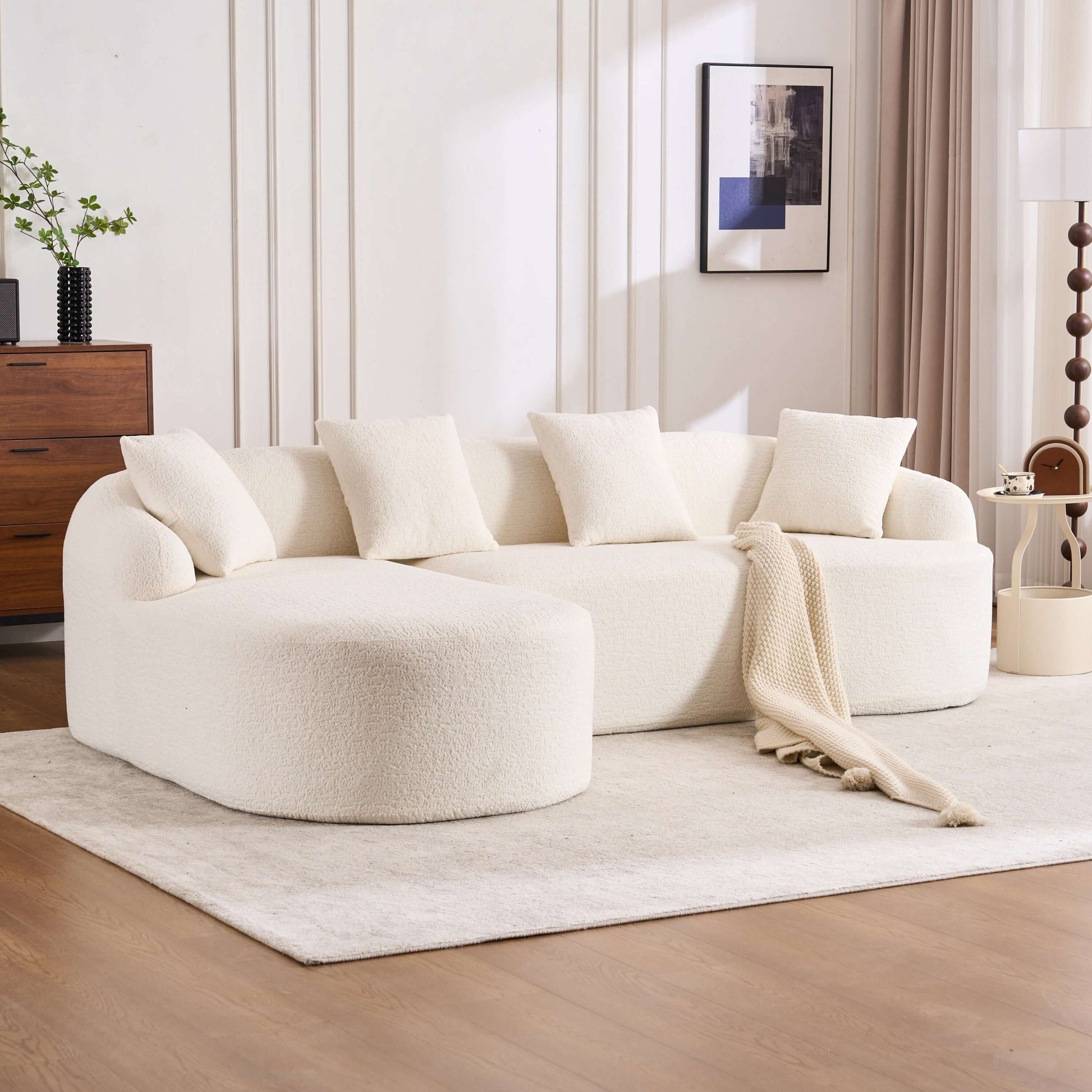 Boneless Modular Chenille Sectional Sofa – 99” Curved Chaise Compression Couch (White) in modern living room setting.
