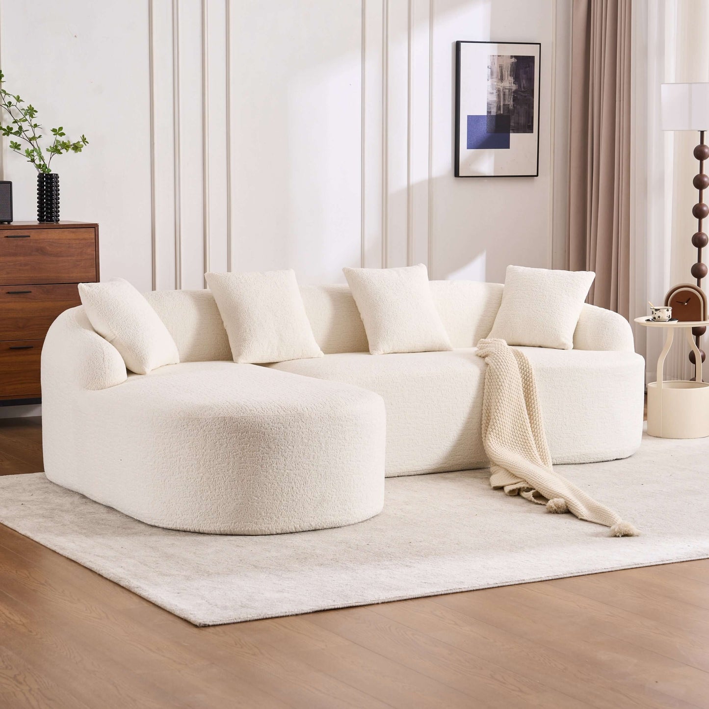 Boneless Modular Chenille Sectional Sofa – 99” Curved Chaise Compression Couch (White) in modern living room setting.