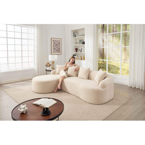 Boneless Modular Chenille Sectional Sofa – 99” Curved Chaise Compression Couch (White) in a modern living room setting.