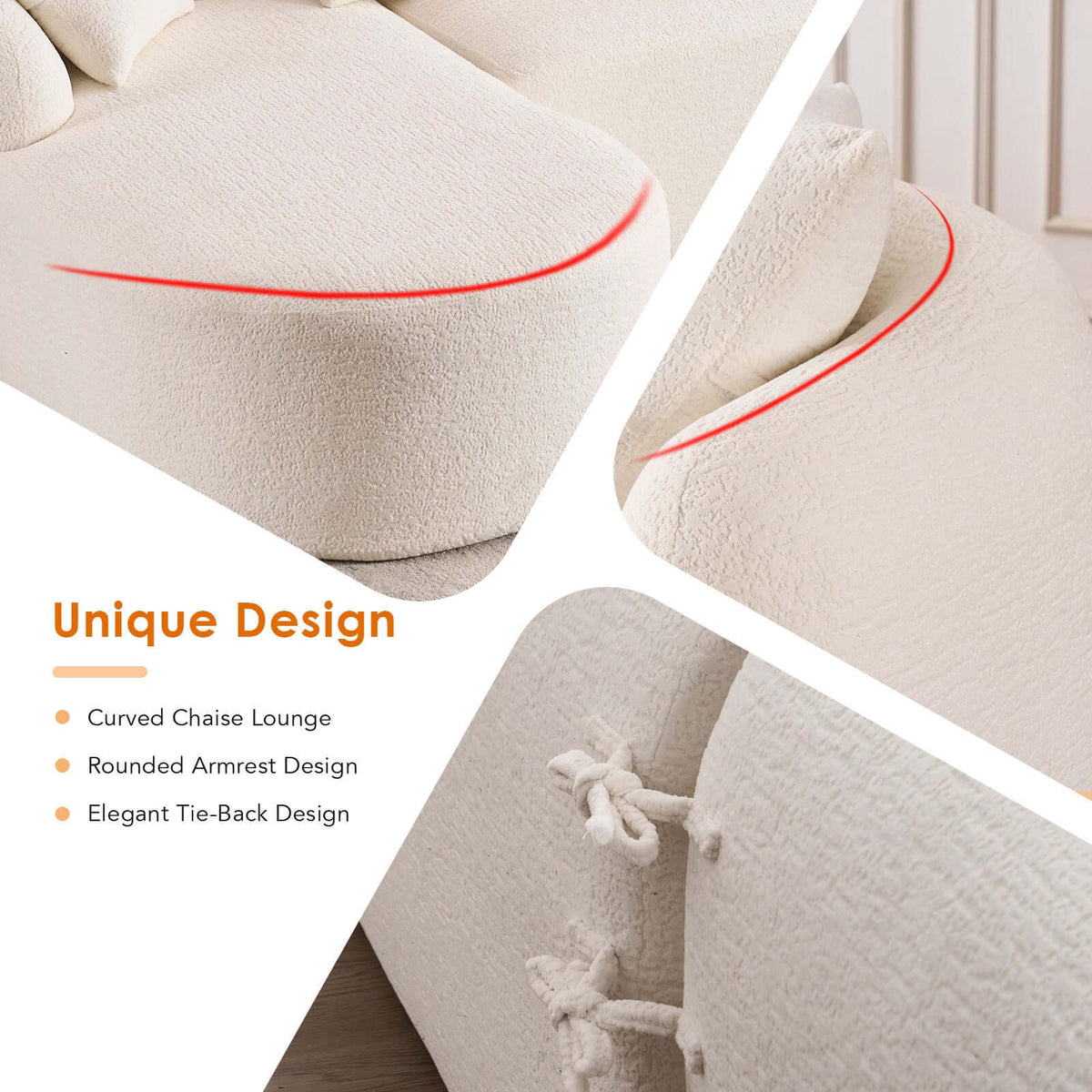 Boneless Modular Chenille Sectional Sofa – 99” Curved Chaise Compression Couch (White) unique design features.
