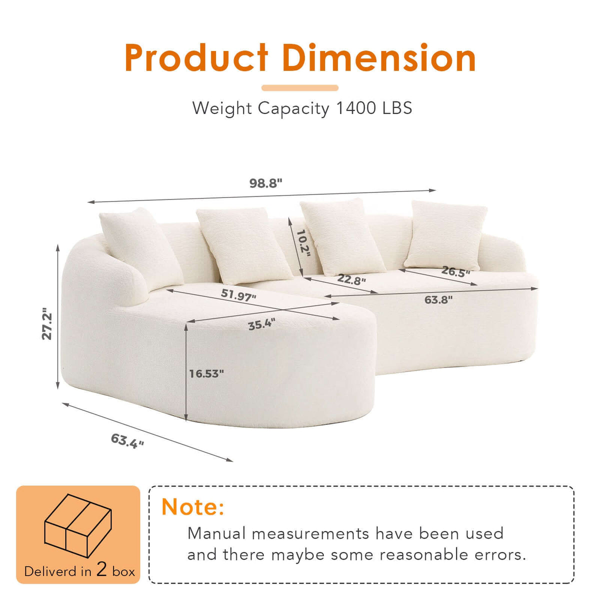 Product dimensions of Boneless Modular Chenille Sectional Sofa – 99” Curved Chaise Compression Couch (White)
