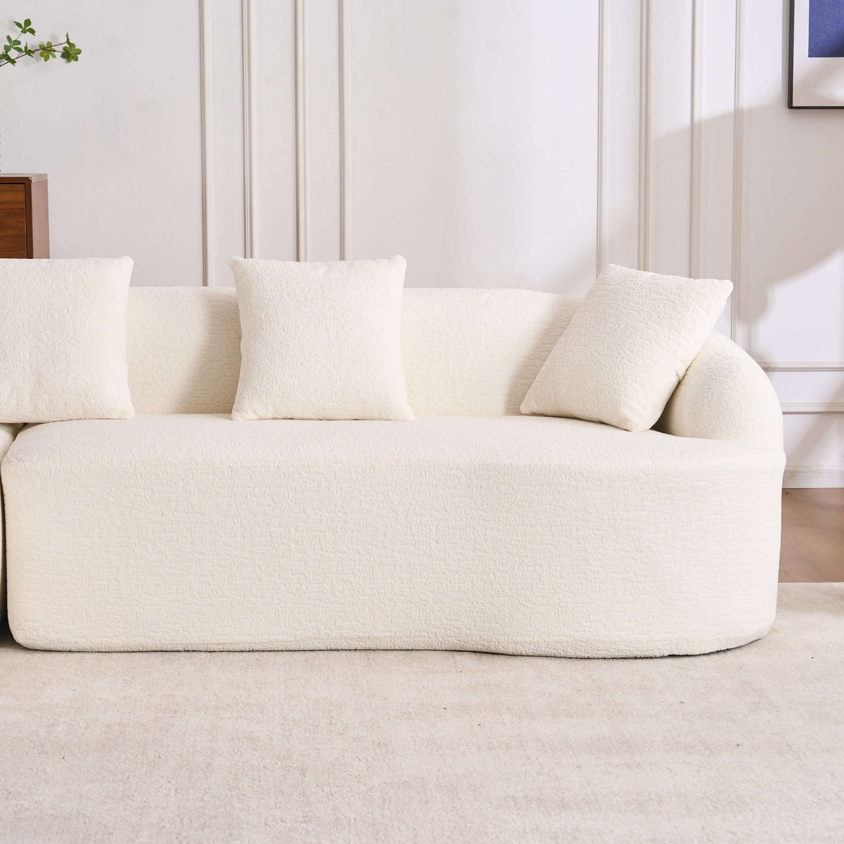 Boneless Modular Chenille Sectional Sofa – 99” Curved Chaise Compression Couch (White) with plush white pillows