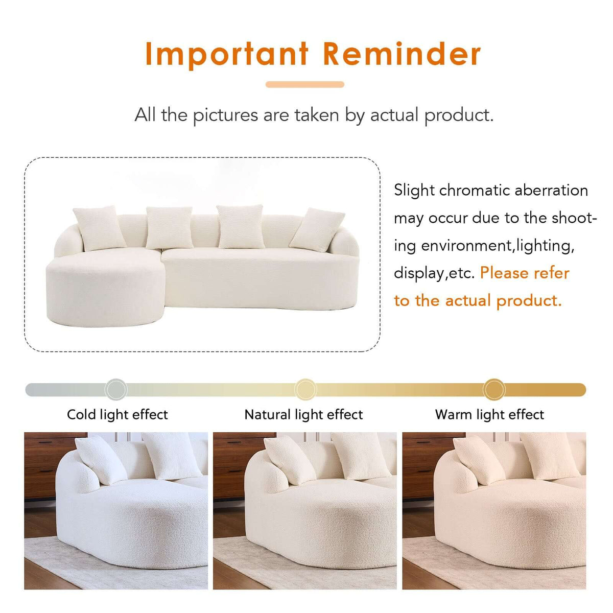 Boneless Modular Chenille Sectional Sofa – 99” Curved Chaise Compression Couch (White) with color lighting effects