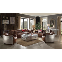 Brancaster Retro Brown Top-Grain Leather & Aluminum Living Room Set w/ Coffee Table – 4-Piece Sofa, Loveseat, Chair & Table Set