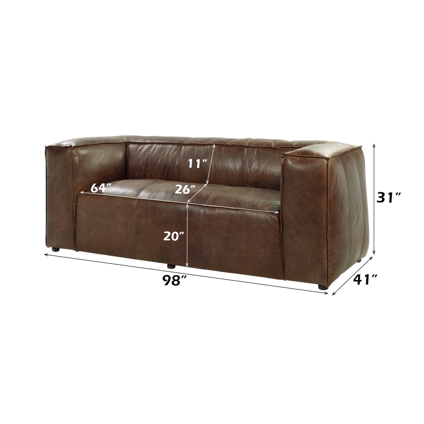 Brancaster Retro Brown Top-Grain Leather & Aluminum Living Room Set w/ Coffee Table – 4-Piece Sofa, Loveseat, Chair & Table Set – view 4