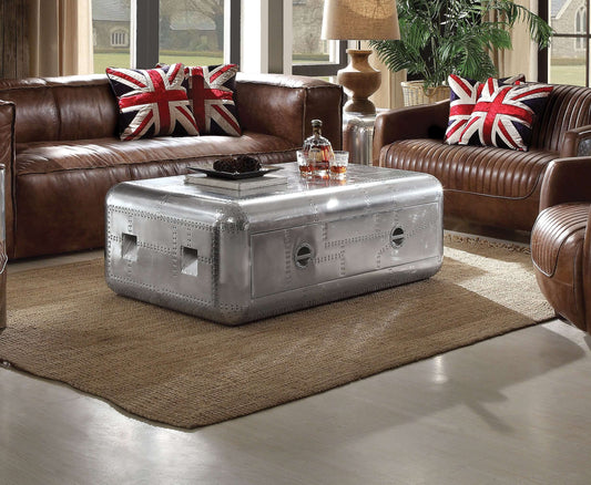 Retro Industrial Aluminum Storage Drawer Coffee Table 52"W showcased in a modern living room with vintage design.