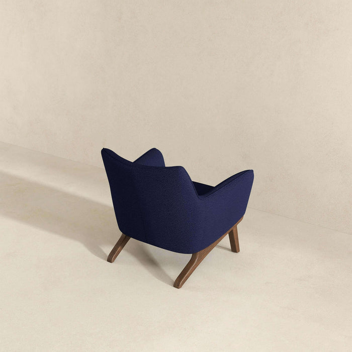 Brayden MCM Fabric Accent Lounge Chair – Modern Upholstered Chair (Multiple Fabrics & Colors) in navy fabric and wood base.