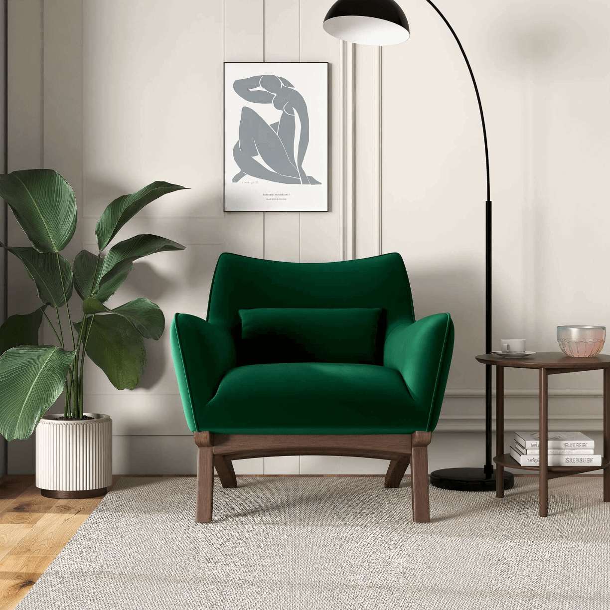 Brayden MCM Fabric Accent Lounge Chair – Modern Upholstered Chair (Multiple Fabrics & Colors) in green velvet in stylish interior.