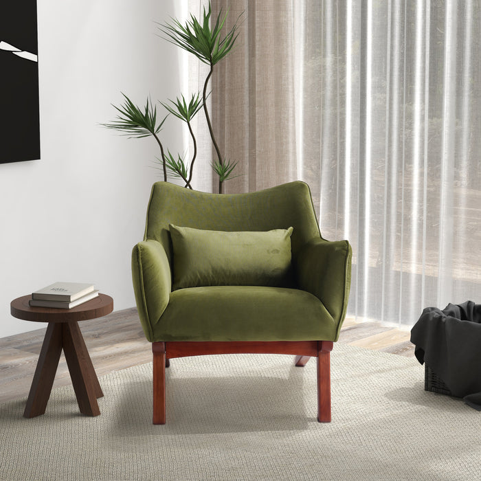 Brayden MCM Fabric Accent Lounge Chair – Modern Upholstered Chair (Multiple Fabrics & Colors) in green fabric with wood base.