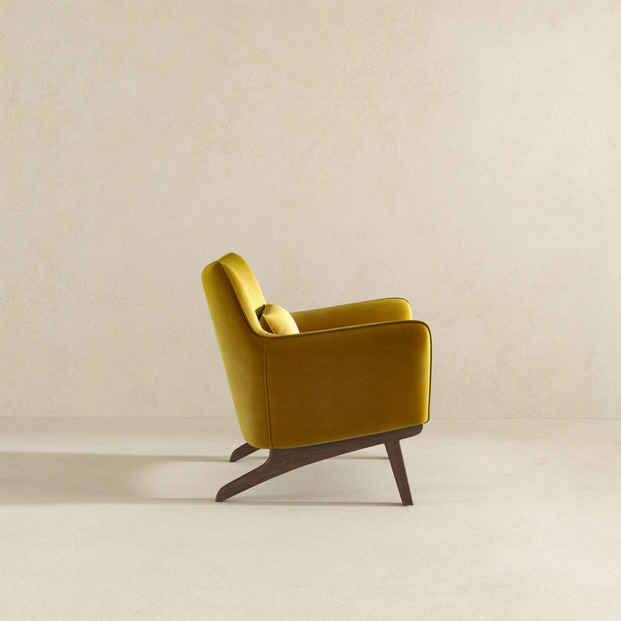 Brayden MCM Fabric Accent Lounge Chair – Modern Upholstered Chair (Multiple Fabrics & Colors) in yellow fabric and wood base.
