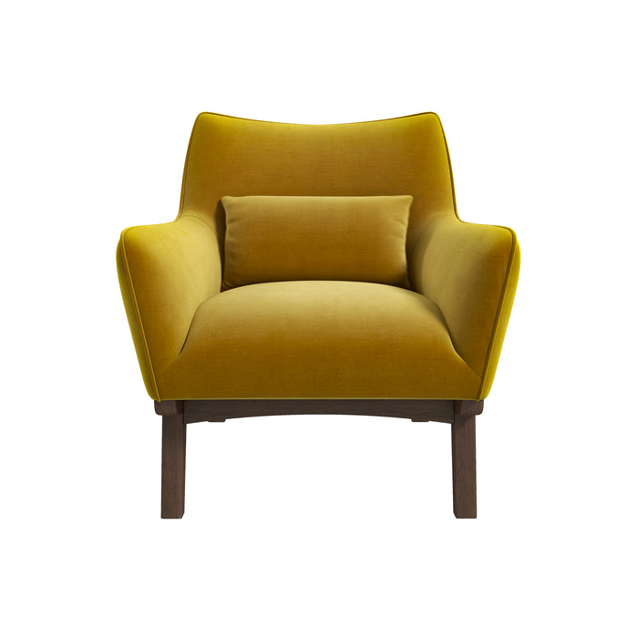 Brayden MCM Fabric Accent Lounge Chair – Modern Upholstered Chair (Multiple Fabrics & Colors) in yellow fabric with wood base.